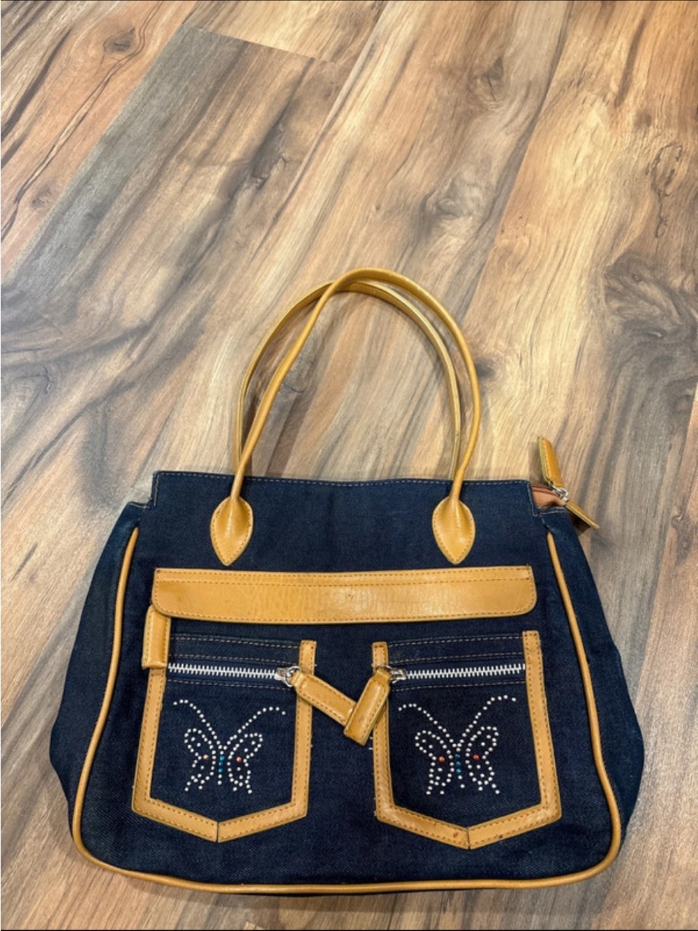 Women’s Navy and Tan Tote Bag with Butterfly Bling Accent